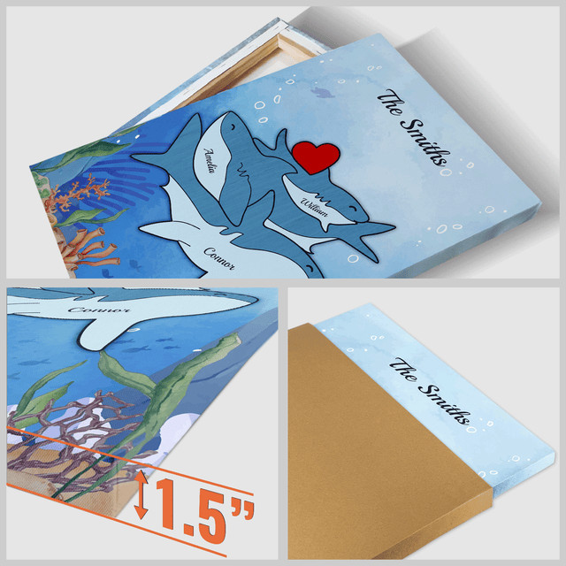 Shark Family Watercolor Canvas, Custom Family Name