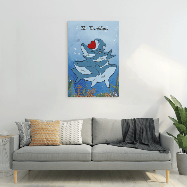 Shark Family Watercolor Canvas, Custom Family Name