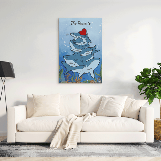 Shark Family Watercolor Canvas, Custom Family Name