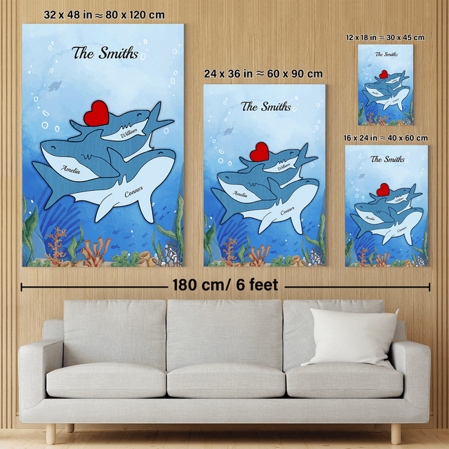 Shark Family Watercolor Canvas, Custom Family Name