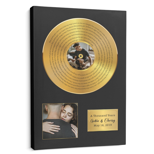 Custom Song Lyrics, Upload Photo, 2 Pictures, Customizable Text Vinyl Record Canvas, Gold Style