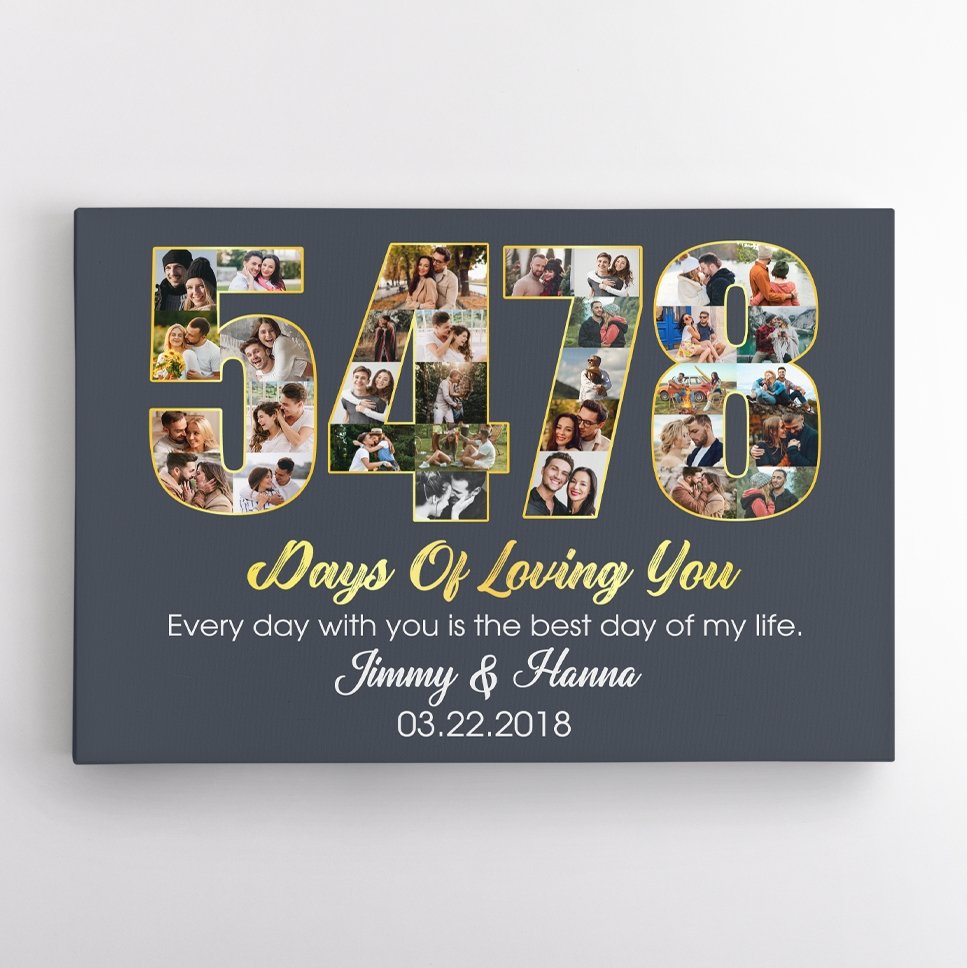 15th Wedding Anniversary 5478 Days Of Loving You Custom Photo Collage And Text Navy Background Canvas