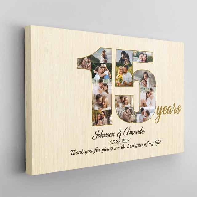 15th Wedding Anniversary Custom Photo Collage Light Wood Background Canvas
