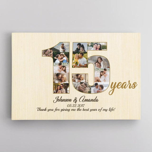 15th Wedding Anniversary Custom Photo Collage Light Wood Background Canvas