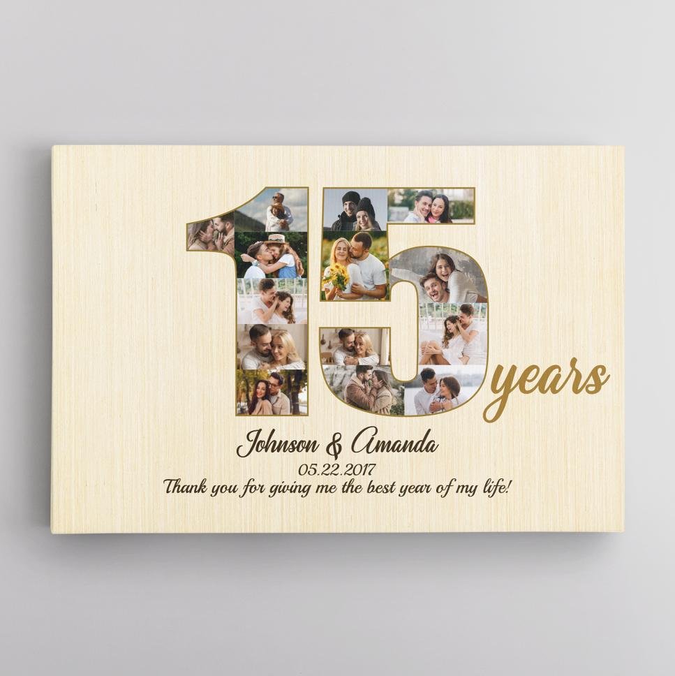 15th Wedding Anniversary Custom Photo Collage Light Wood Background Canvas