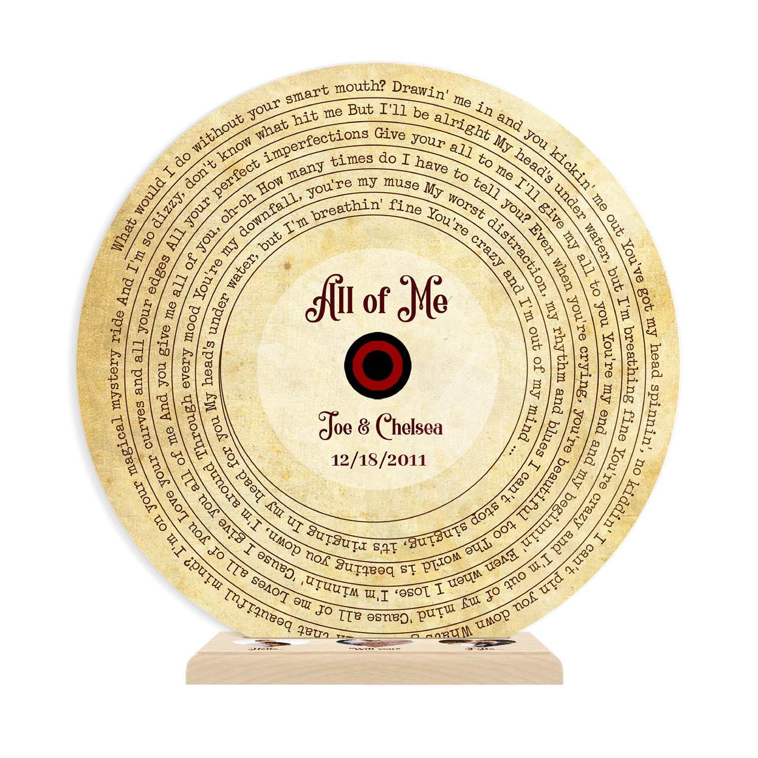 Custom Song Lyrics, 3 Hearts Photos Wooden Stand, Acrylic Record