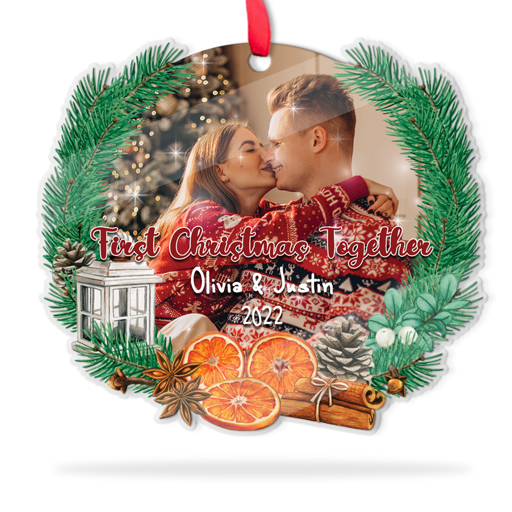 Personalized Name And Photo, First Christmas Together, Pine Tree, Christmas Circle Ornament 2 Sided