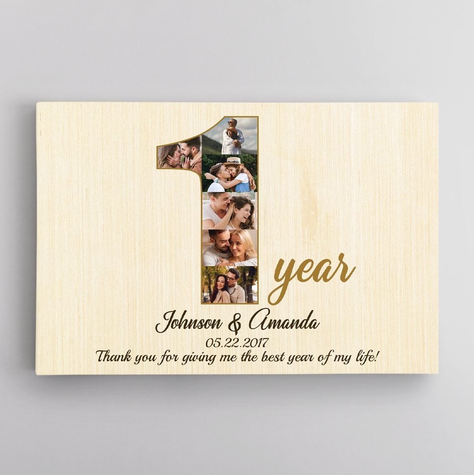 1st Wedding Anniversary Custom Photo Collage And Text Light Wood Background Canvas