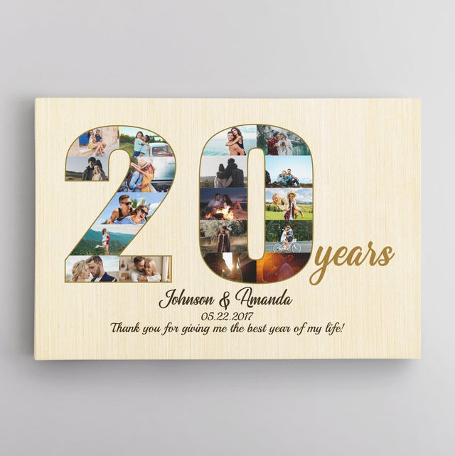 20th Wedding Anniversary Custom Photo Collage Light Wood Background Canvas