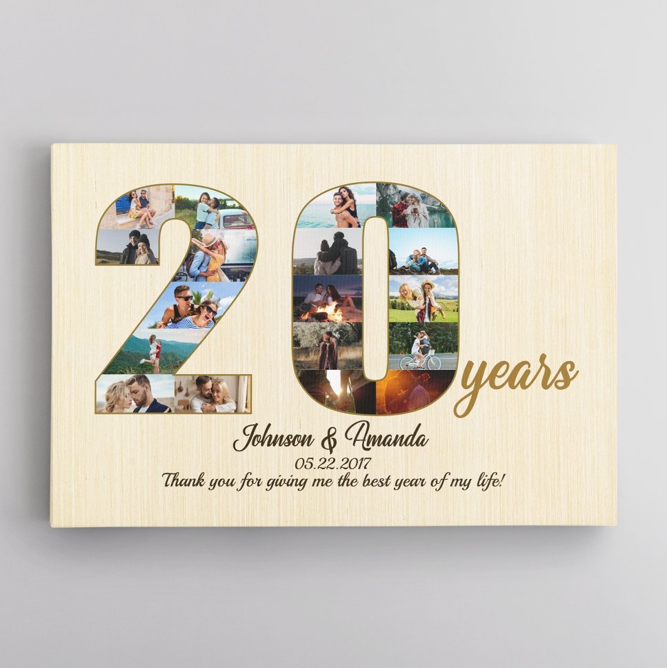20th Wedding Anniversary Custom Photo Collage Light Wood Background Canvas