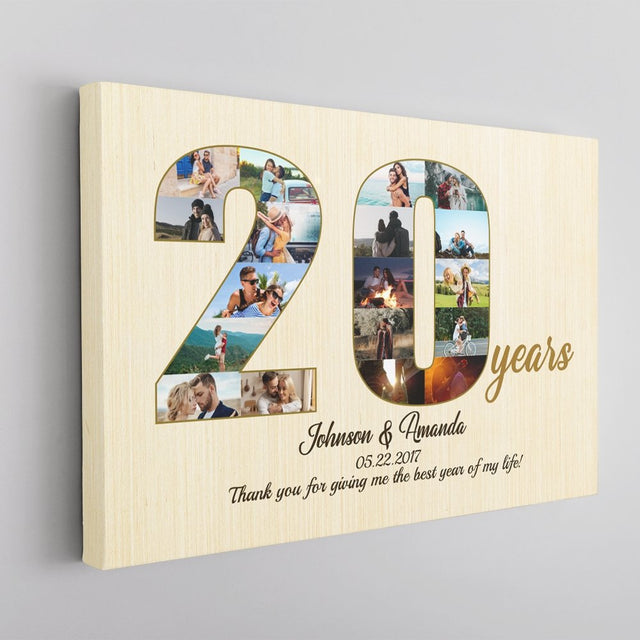 20th Wedding Anniversary Custom Photo Collage Light Wood Background Canvas