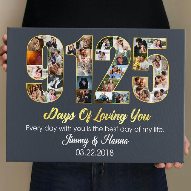 25th Wedding Anniversary 9125 Days Of Loving You Custom Photo Collage And Text Navy Background Canvas