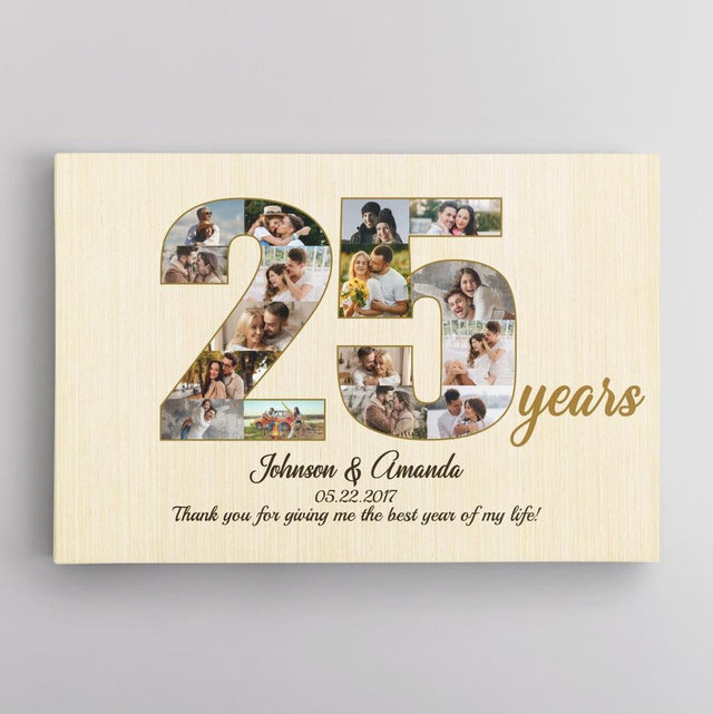 25th Wedding Anniversary Custom Photo Collage Light Wood Background Canvas