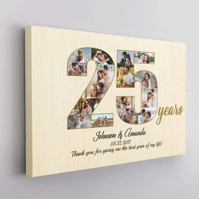 25th Wedding Anniversary Custom Photo Collage Light Wood Background Canvas