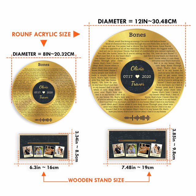 Custom Song Lyrics, 4 Photos Wood Stand, Gold Acrylic Record