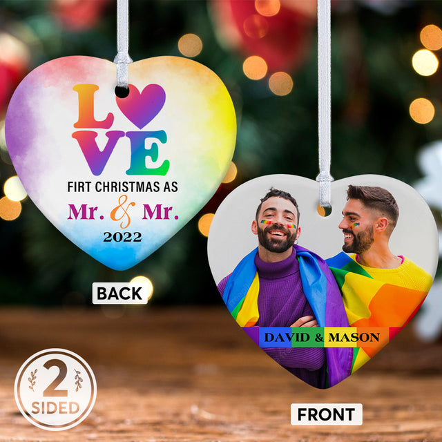 Gift For Couple, LGBT Christmas Ornament, Custom Photo And Text Decorative Christmas Heart Ornament 2 Sided