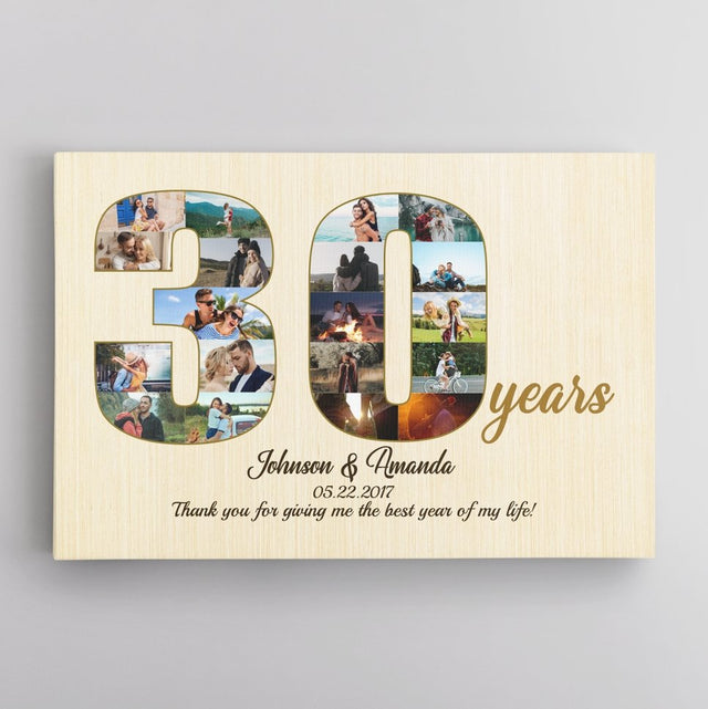 30th Wedding Anniversary Custom Photo Collage Light Wood Background Canvas