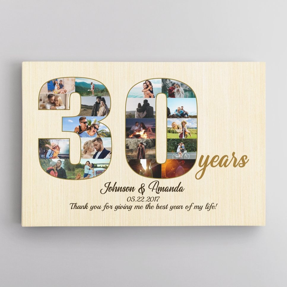 30th Wedding Anniversary Custom Photo Collage Light Wood Background Canvas