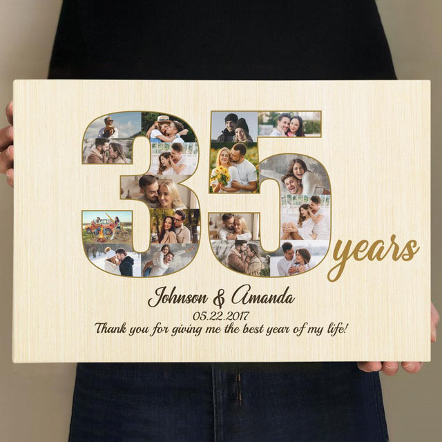 35th Wedding Anniversary Custom Photo Collage Light Wood Background Canvas
