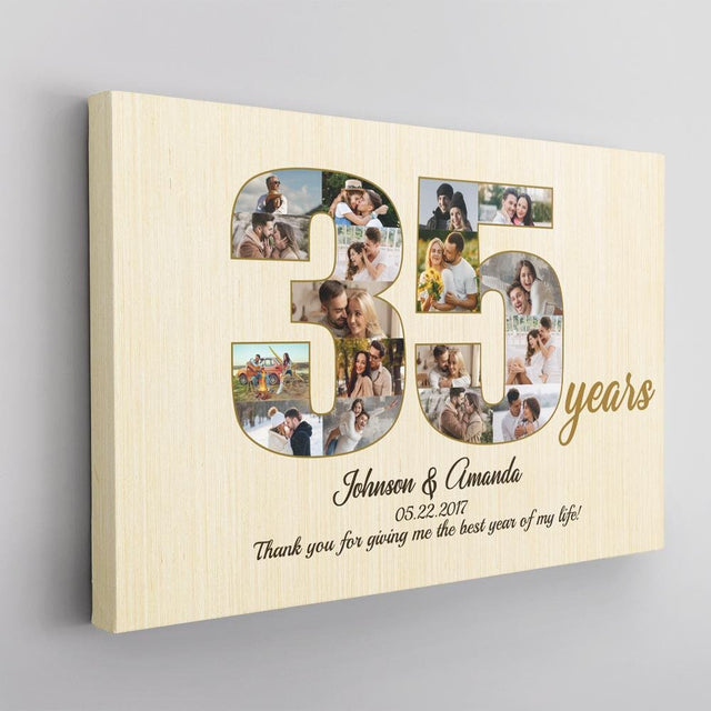 35th Wedding Anniversary Custom Photo Collage Light Wood Background Canvas