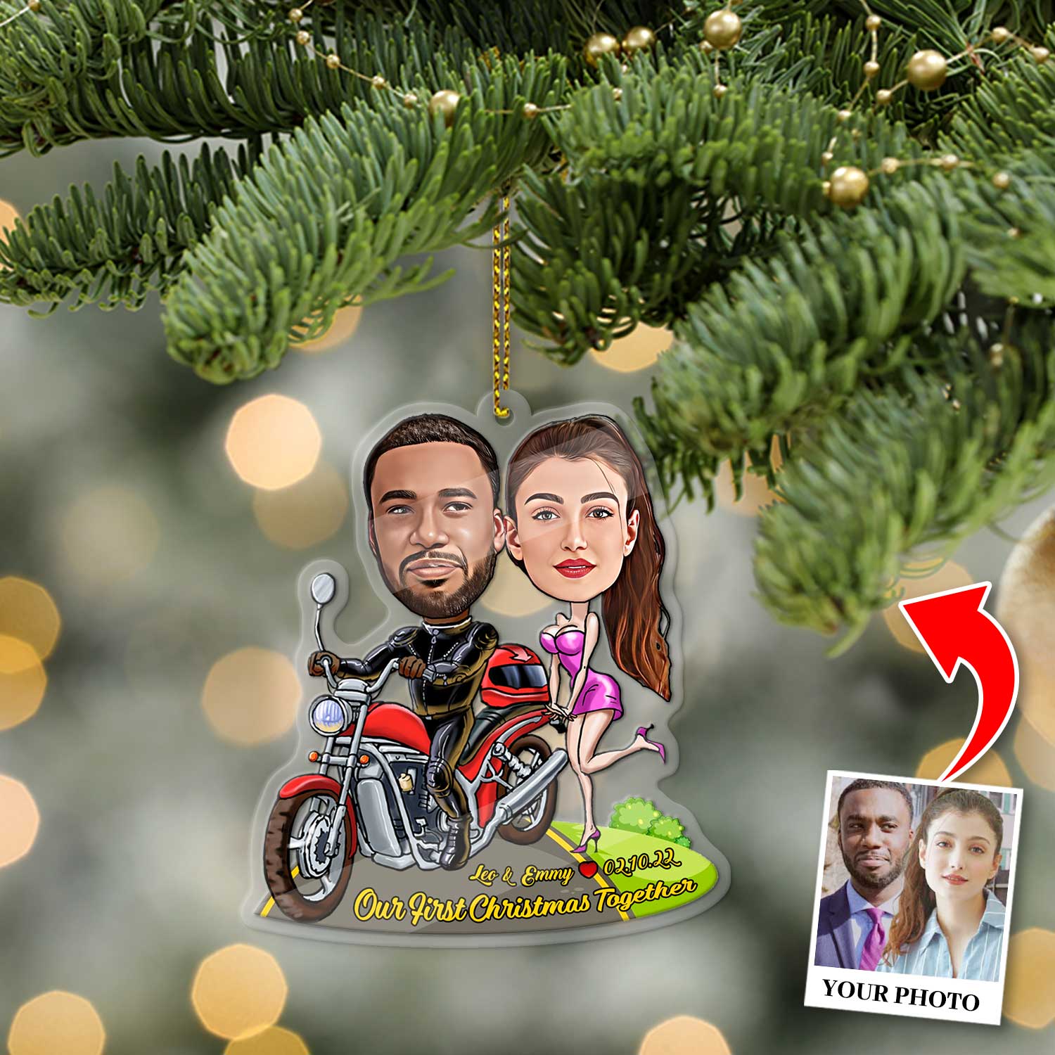 Custom Face From Photo, Gift For Couple, Motobike, Shape Ornament 2 Sides