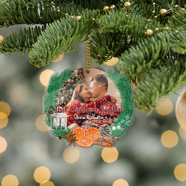 Personalized Name And Photo, First Christmas Together, Pine Tree, Christmas Circle Ornament 2 Sided
