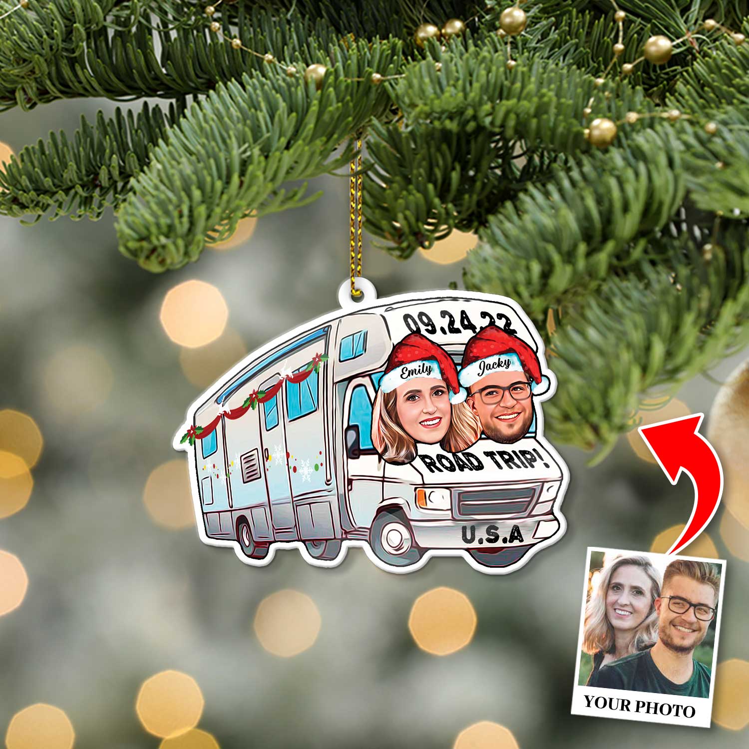 Custom Face From Photo, Gift For Couple, Camping Bus, Shape Ornament 2 Sides