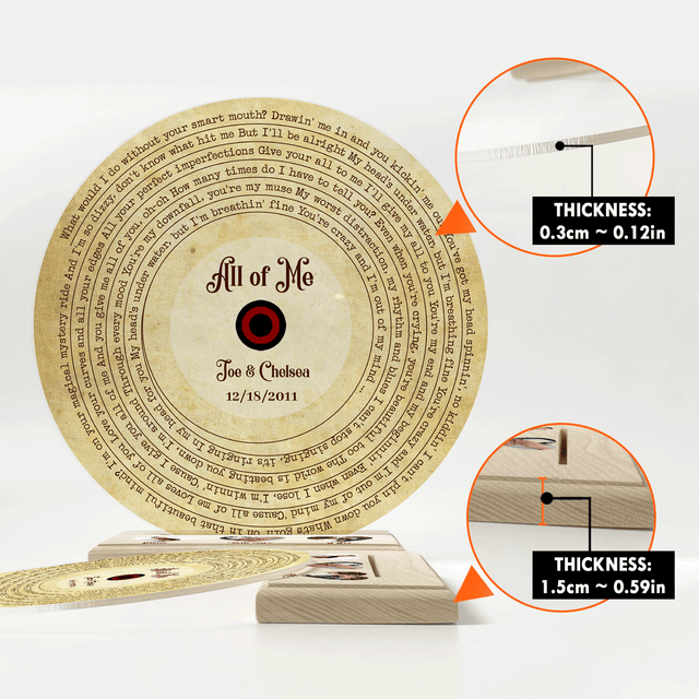 Custom Song Lyrics, 3 Hearts Photos Wooden Stand, Acrylic Record