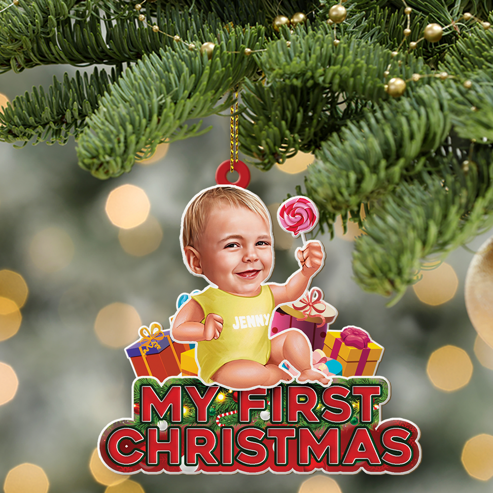 Custom Photo, Personalized Name And Text, Ornament For Baby, Baby's First Christmas, Candy & Gift Box, Christmas Shape Ornament 2 Sides