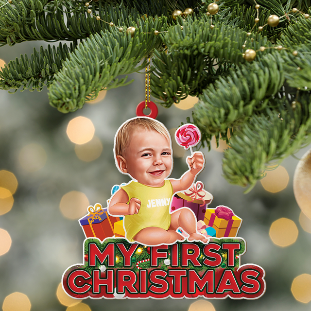 Custom Photo, Personalized Name And Text, Ornament For Baby, Baby's First Christmas, Candy & Gift Box, Christmas Shape Ornament 2 Sides