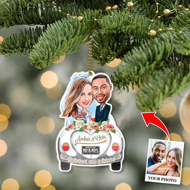 Custom Face From Photo, Married Couple in Car Christmas Shape Ornament 2 Sides