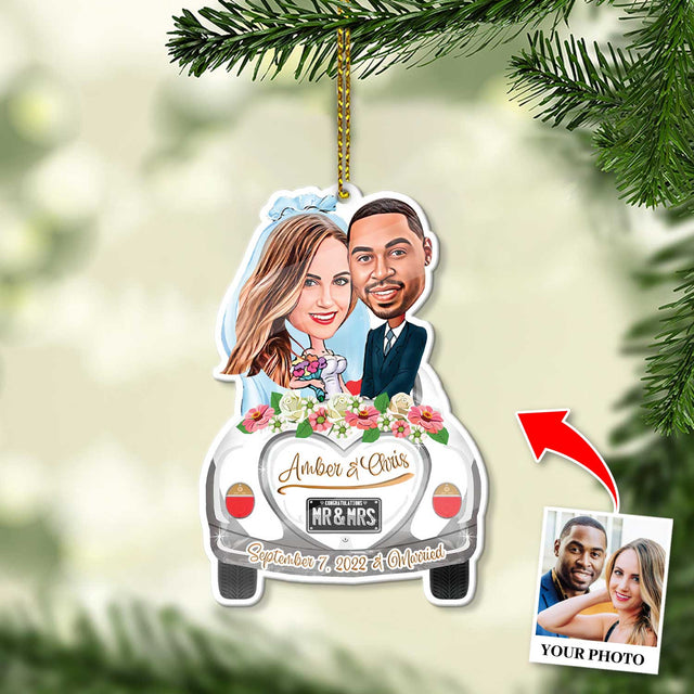 Custom Face From Photo, Married Couple in Car Christmas Shape Ornament 2 Sides