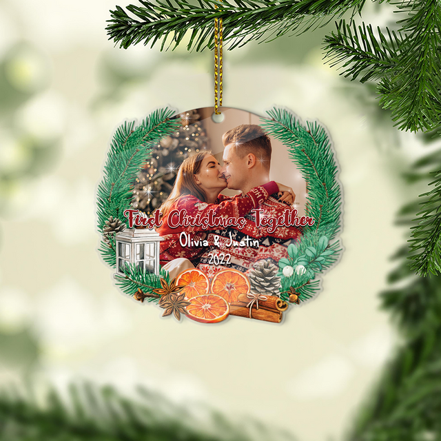Personalized Name And Photo, First Christmas Together, Pine Tree, Christmas Circle Ornament 2 Sided