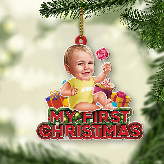 Custom Photo, Personalized Name And Text, Ornament For Baby, Baby's First Christmas, Candy & Gift Box, Christmas Shape Ornament 2 Sides
