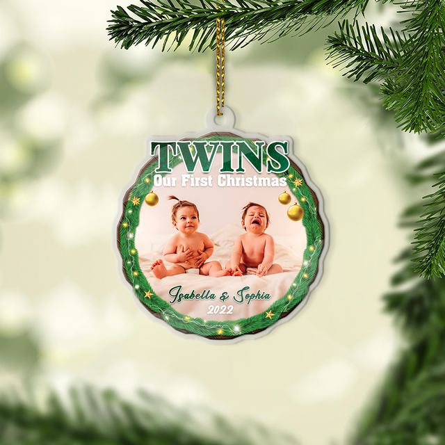 Personalized Name And Photo, Baby's First Christmas, Twins, Our First Christmas, Christmas Circle Ornament 2 Sided