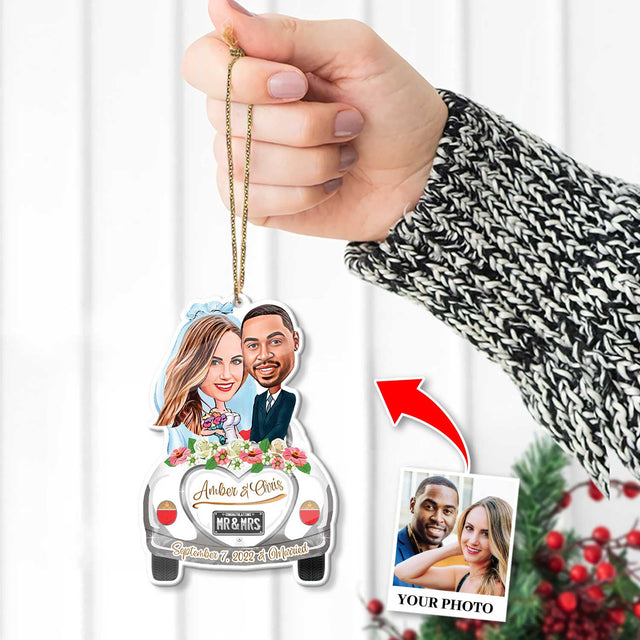 Custom Face From Photo, Married Couple in Car Christmas Shape Ornament 2 Sides