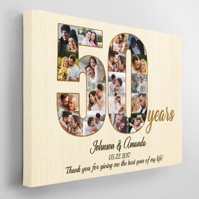50th Wedding Anniversary Custom Photo Collage Light Wood Background Canvas