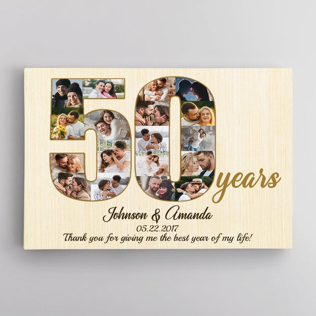 50th Wedding Anniversary Custom Photo Collage Light Wood Background Canvas