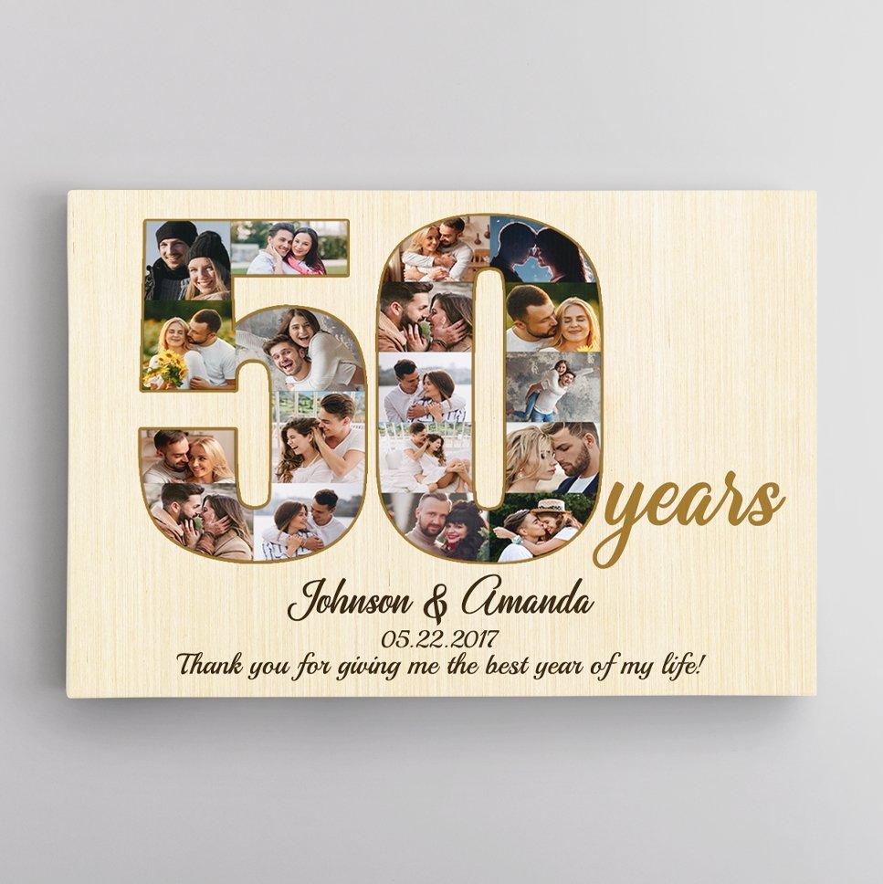 50th Wedding Anniversary Custom Photo Collage Light Wood Background Canvas
