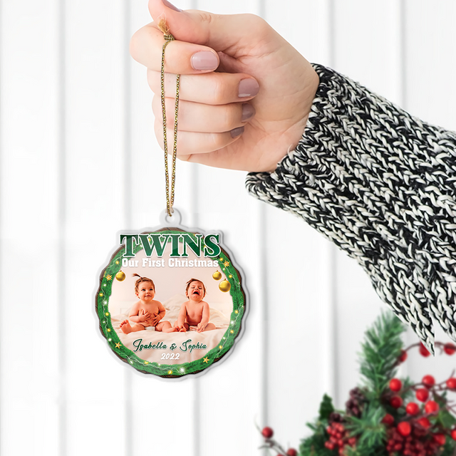 Personalized Name And Photo, Baby's First Christmas, Twins, Our First Christmas, Christmas Circle Ornament 2 Sided