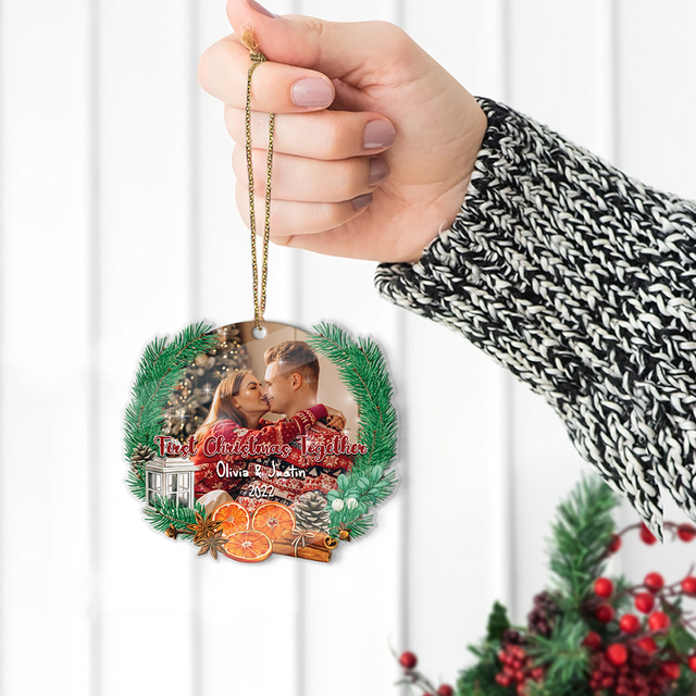 Personalized Name And Photo, First Christmas Together, Pine Tree, Christmas Circle Ornament 2 Sided