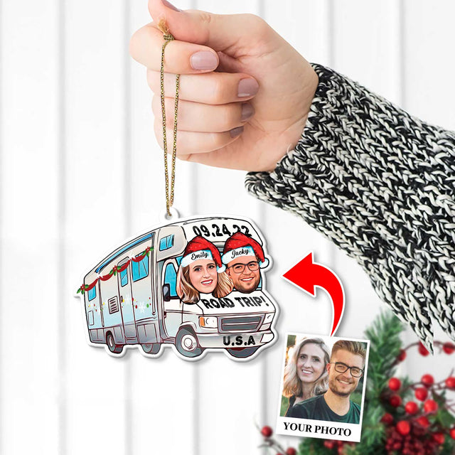 Custom Face From Photo, Gift For Couple, Camping Bus, Shape Ornament 2 Sides