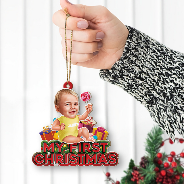 Custom Photo, Personalized Name And Text, Ornament For Baby, Baby's First Christmas, Candy & Gift Box, Christmas Shape Ornament 2 Sides