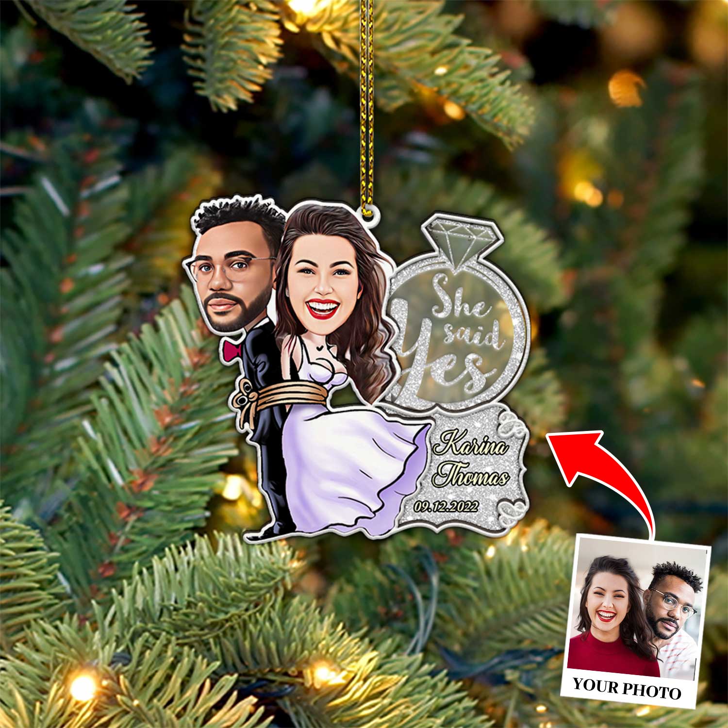 She Said Yes, Custom Face From Photo, Christmas Shape Ornament 2 Layer