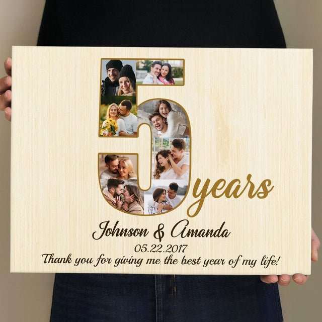 5th Wedding Anniversary Custom Photo Collage Light Wood Background Canvas