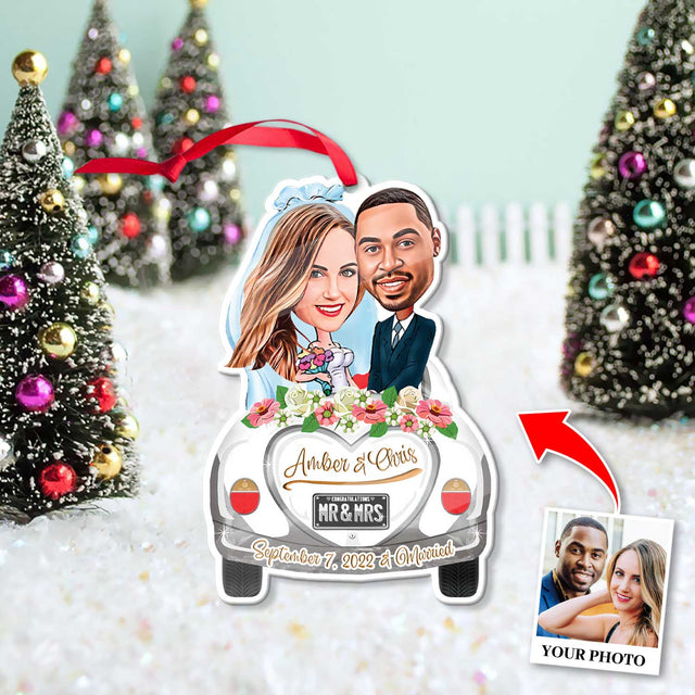 Custom Face From Photo, Married Couple in Car Christmas Shape Ornament 2 Sides