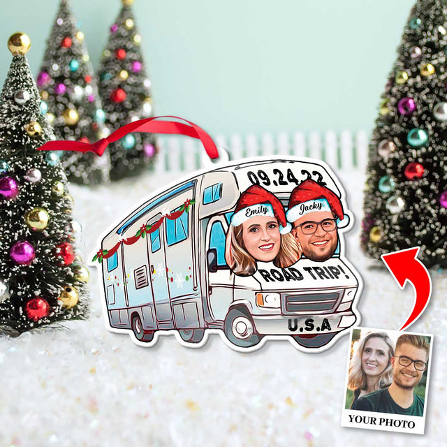 Custom Face From Photo, Gift For Couple, Camping Bus, Shape Ornament 2 Sides