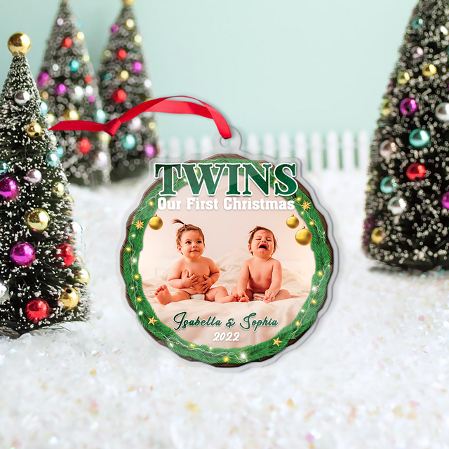Personalized Name And Photo, Baby's First Christmas, Twins, Our First Christmas, Christmas Circle Ornament 2 Sided