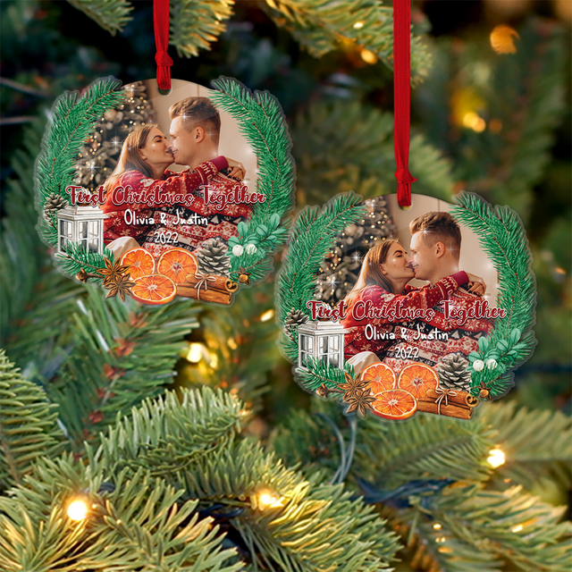 Personalized Name And Photo, First Christmas Together, Pine Tree, Christmas Circle Ornament 2 Sided