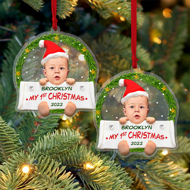 Personalized Name And Text, Ornament For Baby, My 1st Christmas, Christmas Wreath, Christmas Shape Ornament 2 Sides